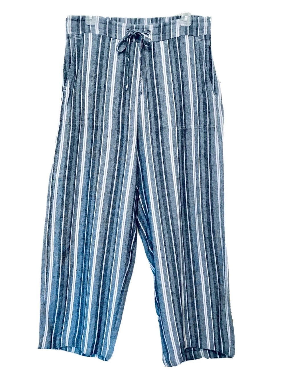 Westport Womens M Linen Blend Blue & White Striped Wide Leg Elastic Waist Pants
